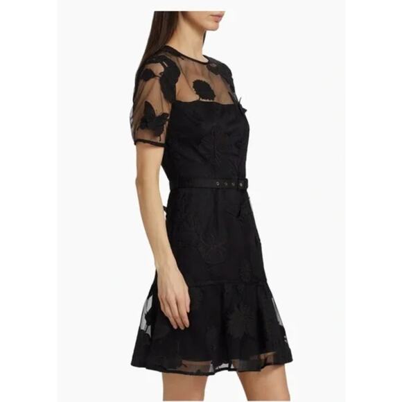 Milly Hannah Organza Belted Floral Embroidered Mini Dress Black Sheer Size 6 NEW - Picture 2 of 16